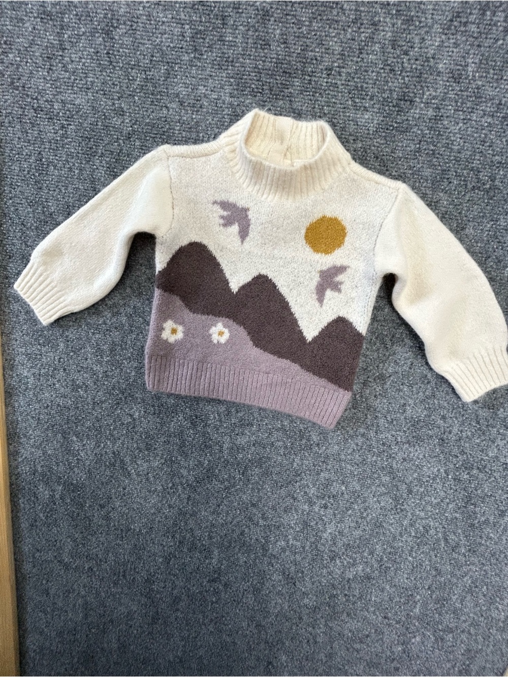 H/M Light Cream Baby Sweater with Brown  Mountain, Gold Sun & Floral Accents